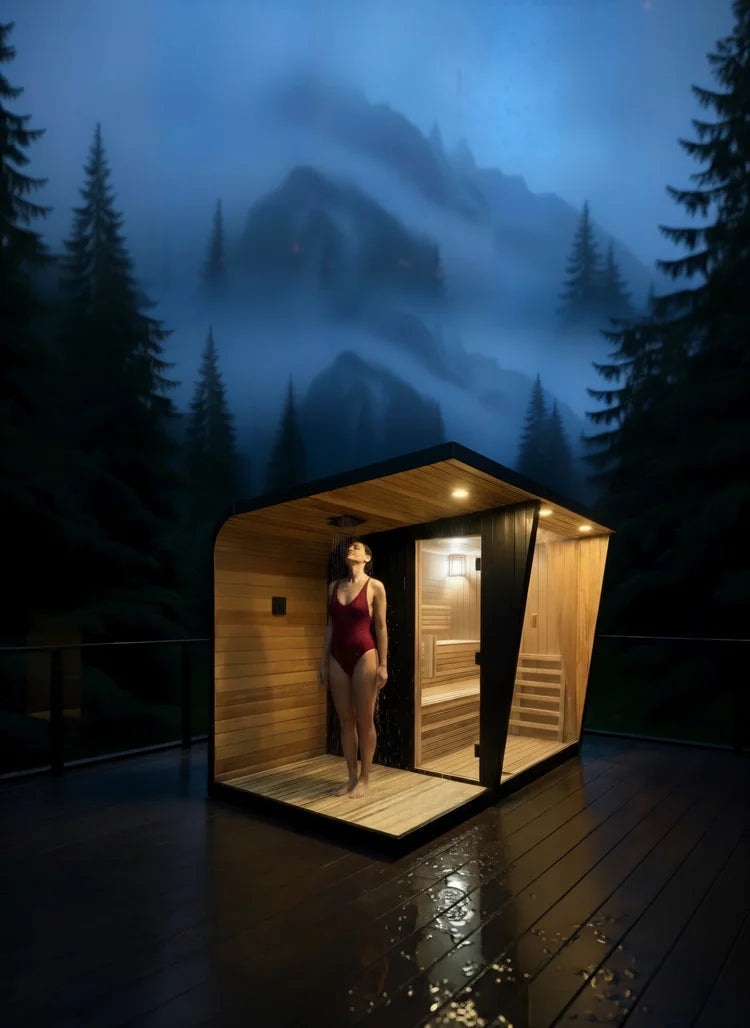 Modern Outdoor Curved Cedar Sauna with Shower
